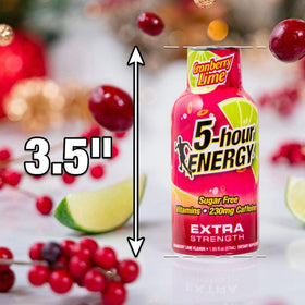 5-hour ENERGY Cranberry Lime shot label shows zero sugar and flavor
