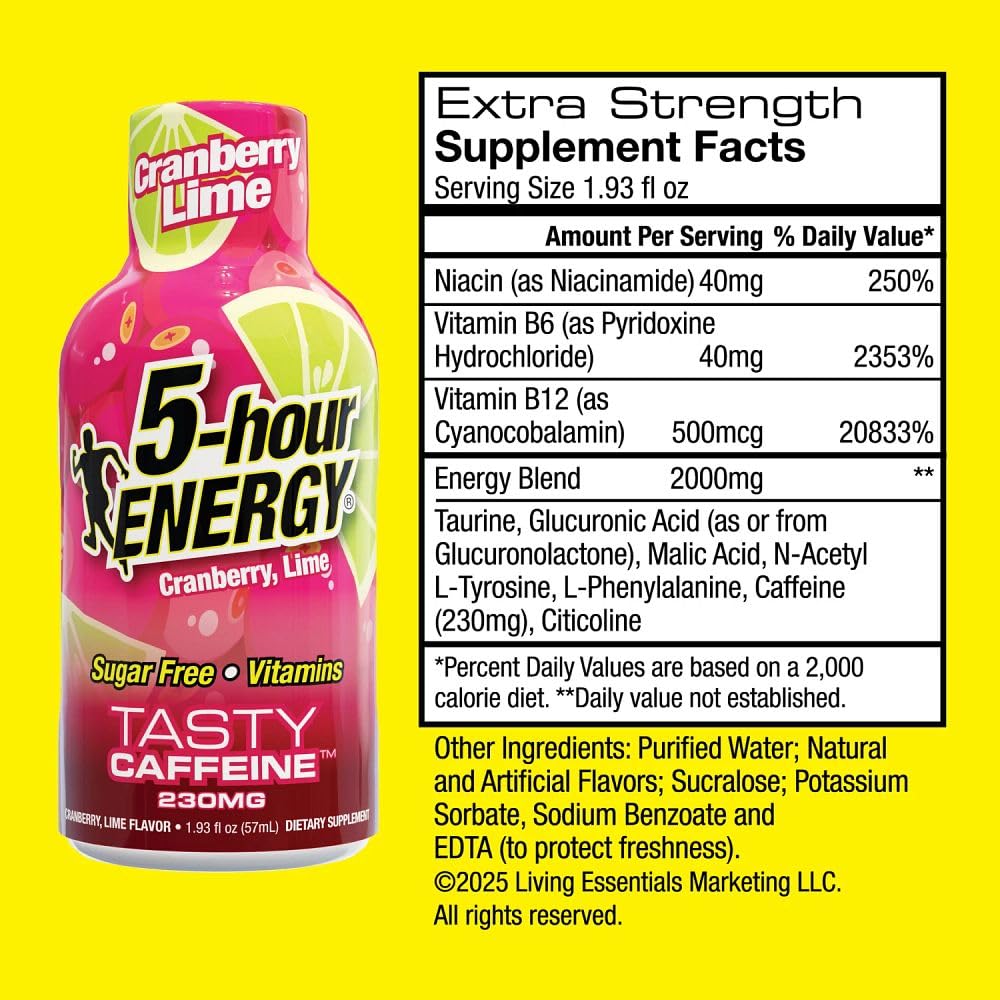 5-hour ENERGY Cranberry Lime shot pour showing fast caffeine delivery