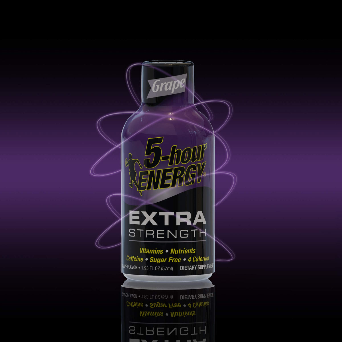 5-hour ENERGY Extra Grape closeup highlights grape flavor and sugar-free formula