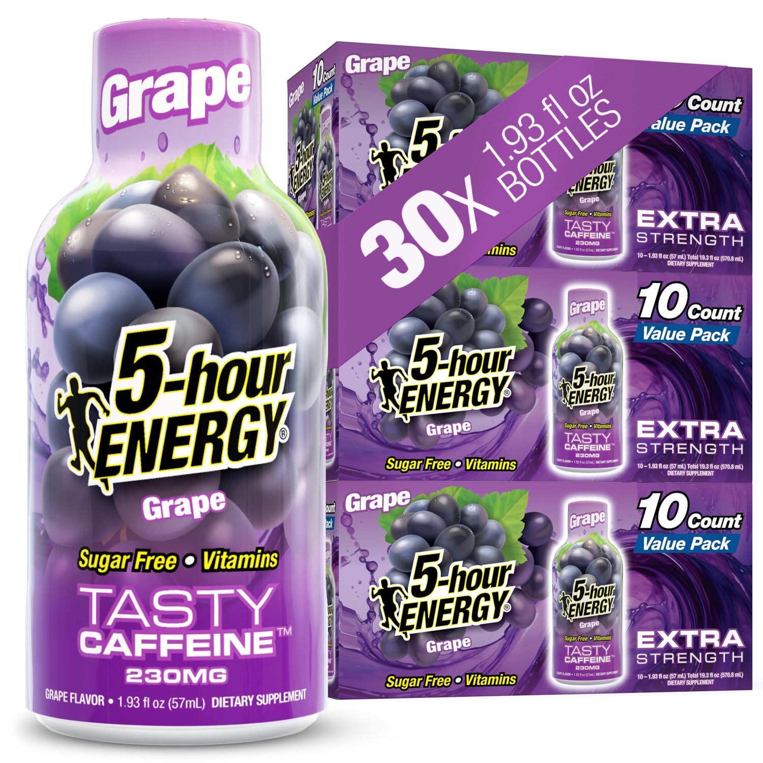 5-hour ENERGY grape bottle front view for a quick, zero-calorie energy boost