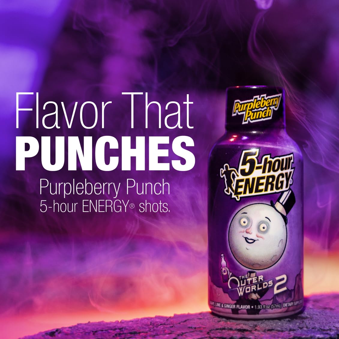 5-hour ENERGY Purpleberry Punch bottle label highlighting zero sugar option