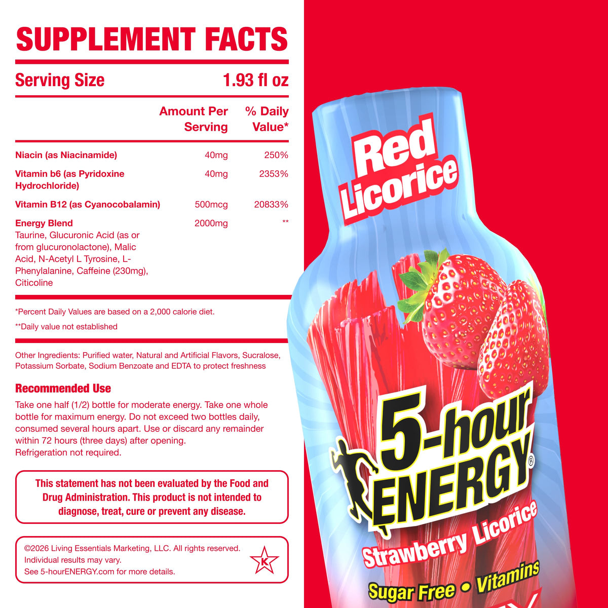 5-hour ENERGY Red Licorice Shot label highlighting caffeine and vitamins