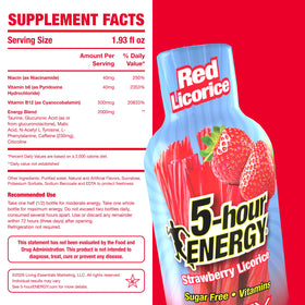 5-hour ENERGY Red Licorice Shot label highlighting caffeine and vitamins