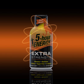 5-hour ENERGY Peach Mango label shows vitamins and caffeine for daytime boost