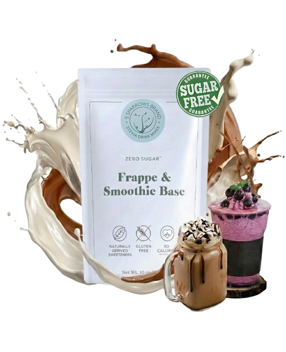 5 SPARROWS Stevia Frappe Base powder ready to blend into creamy, sugar-free beverages.