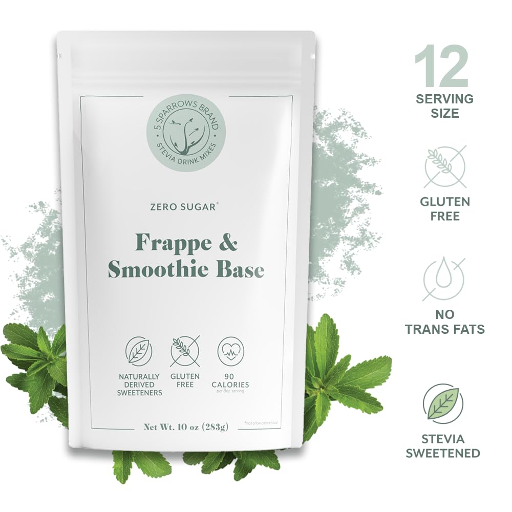Bag with scoop of 5 SPARROWS Stevia Frappe Mix for quick, keto-friendly blends.