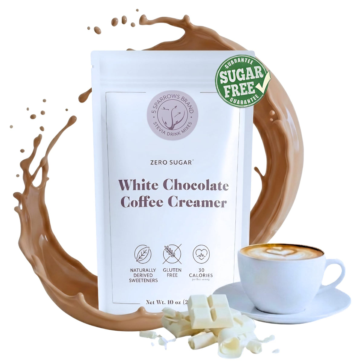 5 Sparrows white chocolate creamer bag enhances coffee with sugar-free creaminess
