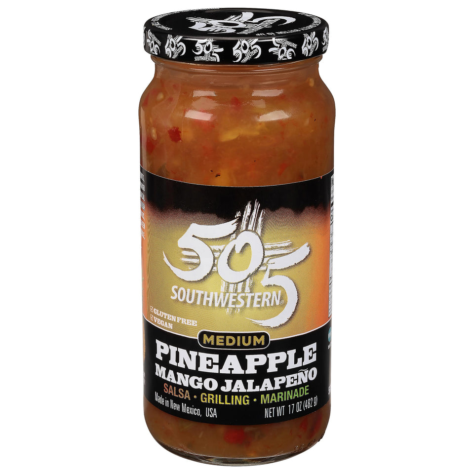 505 Hatch Valley Pineapple Mango Jalapeño Salsa 16oz jar enhances tacos and dips.