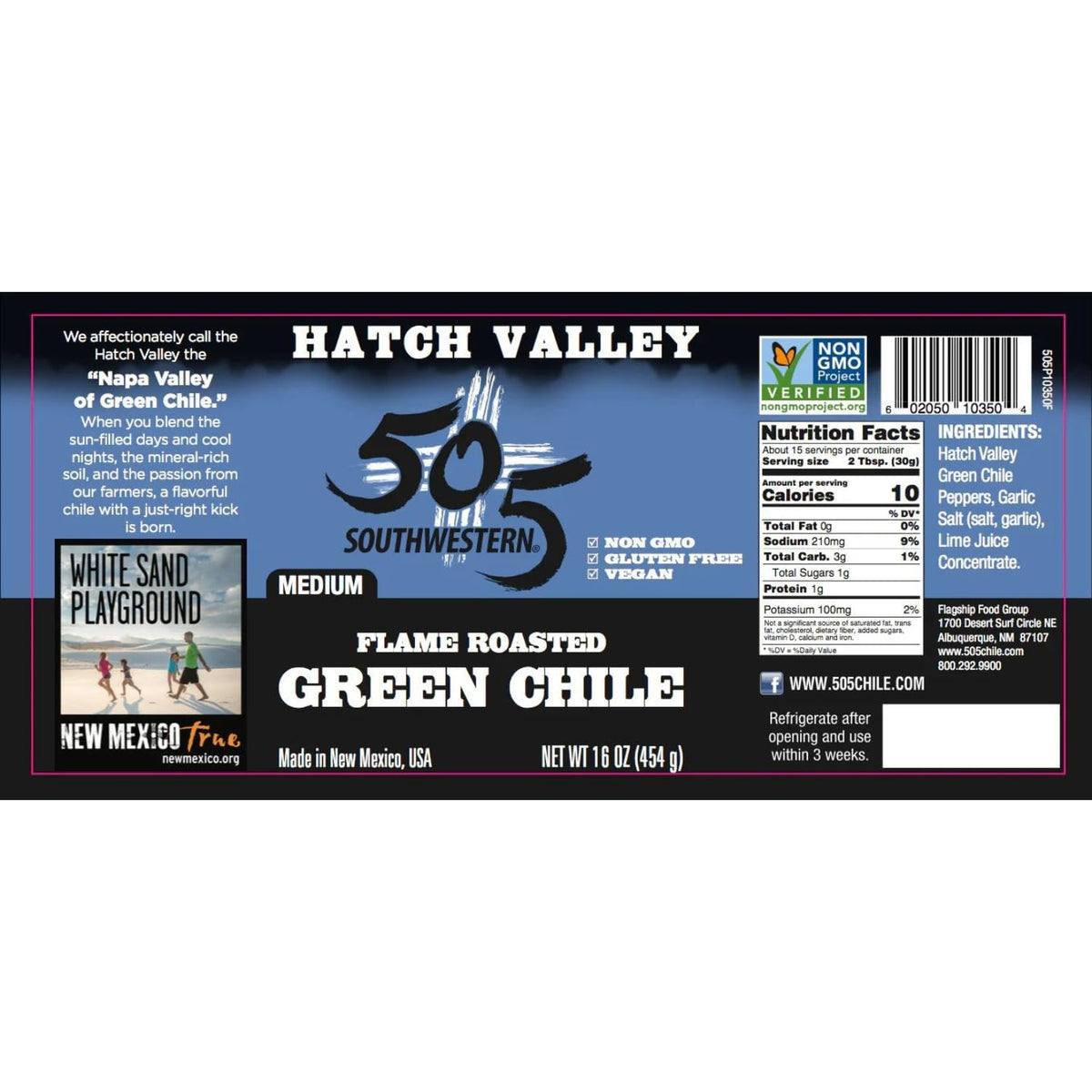 505 Southwestern green chile jar close-up shows non-GMO, gluten-free quality