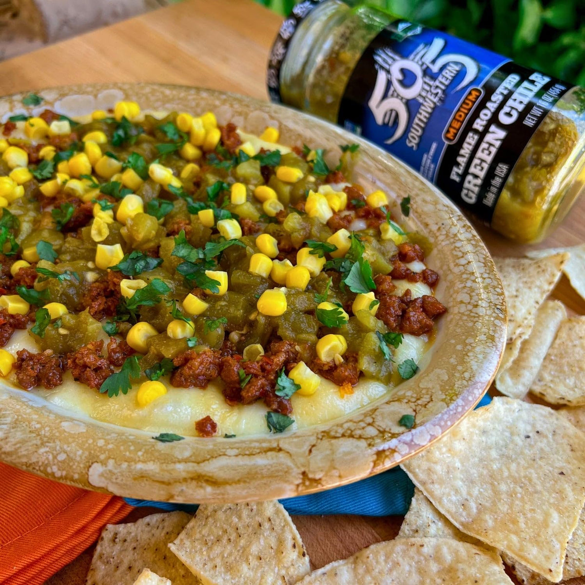 505 Southwestern green chile jar label close-up highlighting authentic southwestern taste.