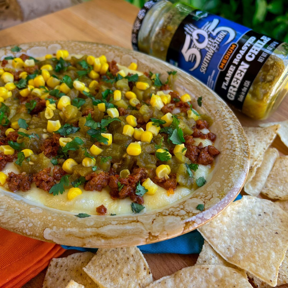 505 Southwestern Green Chile Sauce being poured for a quick flavor boost.
