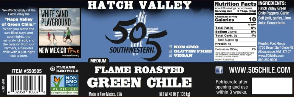 505 Southwestern Hatch Valley green chiles jar closeup, showcasing medium flame-roast and texture.