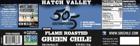505 Southwestern Hatch Valley green chiles jar closeup, showcasing medium flame-roast and texture.