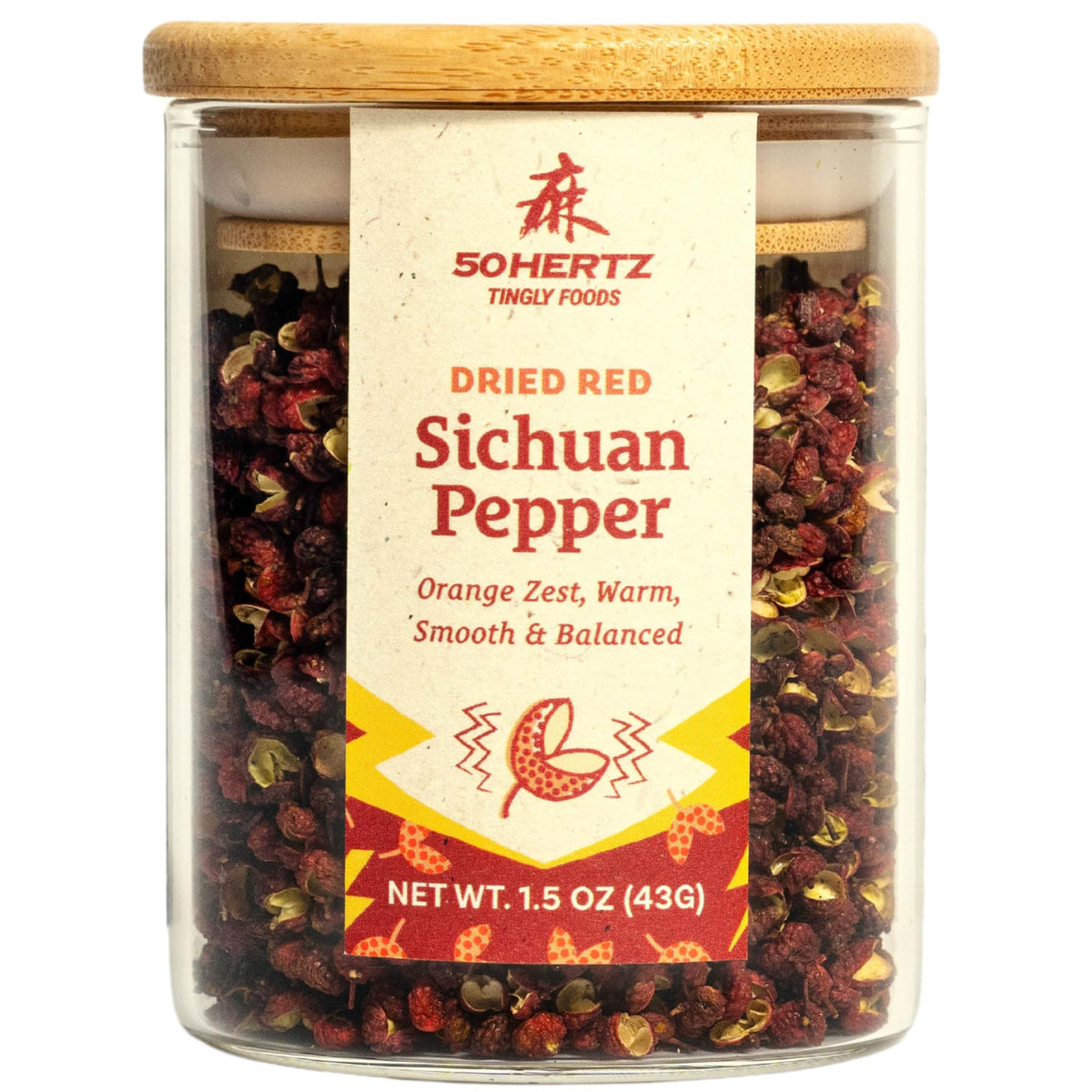 50Hertz Red Sichuan Peppers jar highlights seed-free quality for easy cooking.
