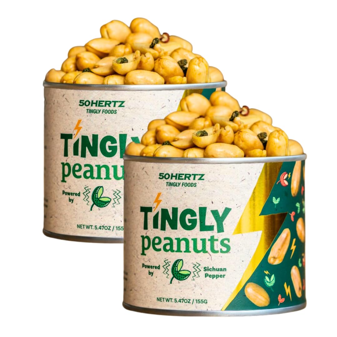 50Hertz Tingly Peanuts 2-pack can with Sichuan pepper for bold snacking.