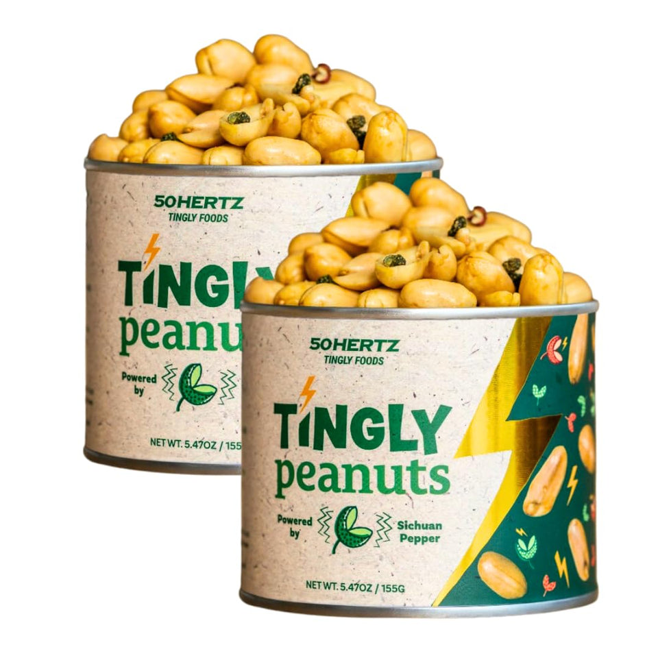 50Hertz Tingly Peanuts 2-pack can with Sichuan pepper for bold snacking.