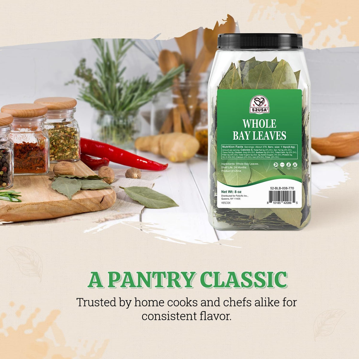 52USA bay leaves stored on shelf for convenient flavoring