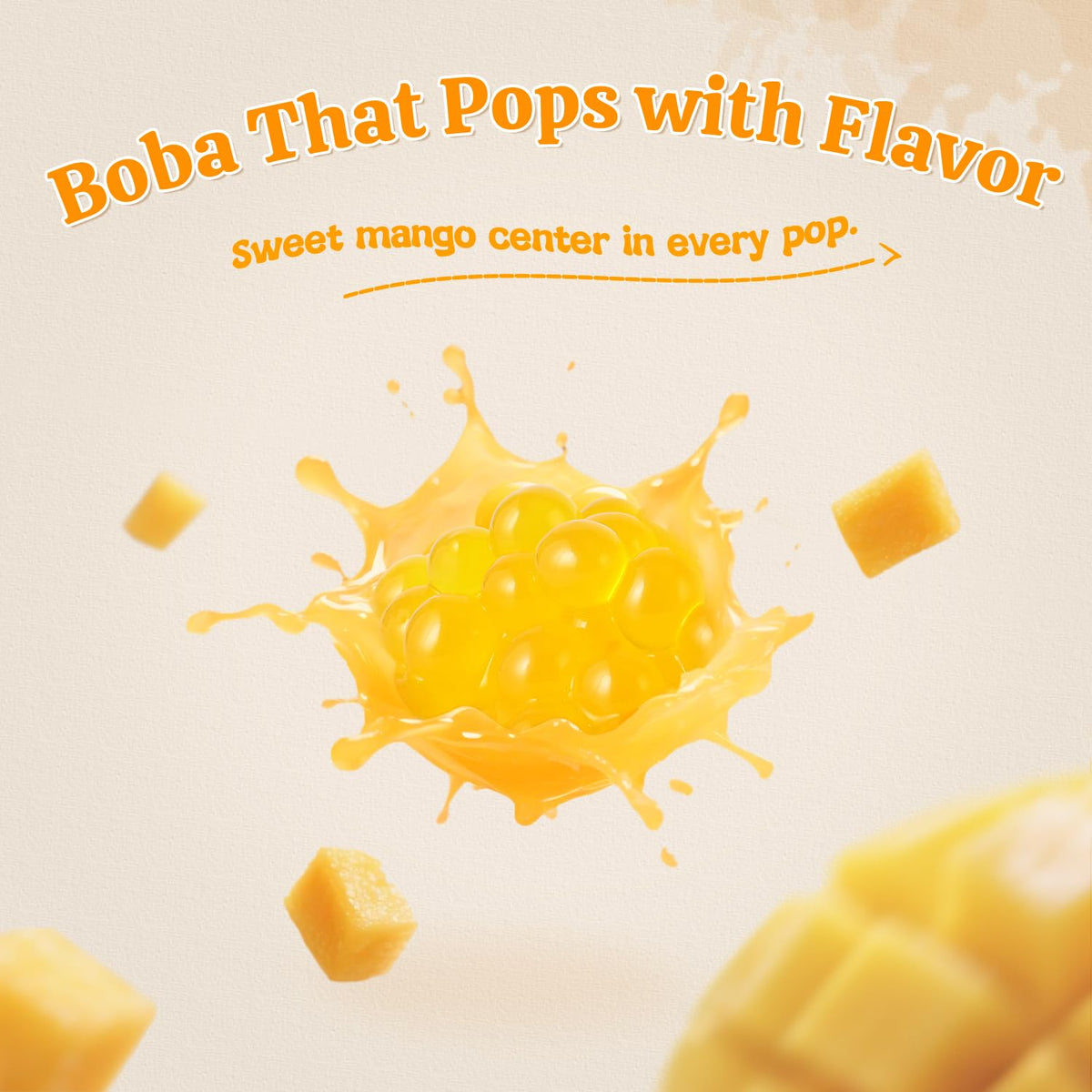 52USA Bursting mango boba closeup showing vivid color and texture.