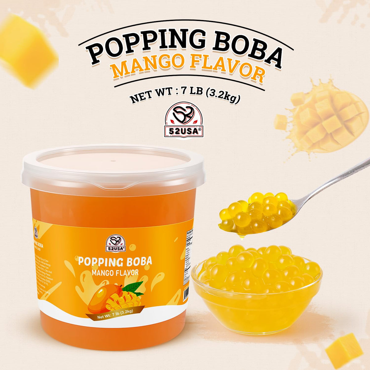 52USA Bursting Mango Juice Pearls boost bubble tea, smoothies, and yogurt desserts.