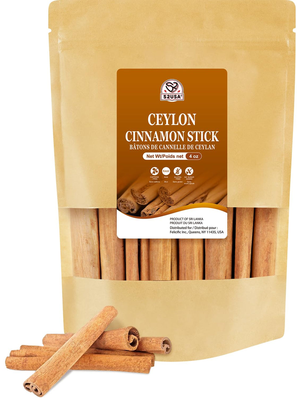 52USA Ceylon cinnamon sticks 4oz on kitchen counter, ideal for baking.