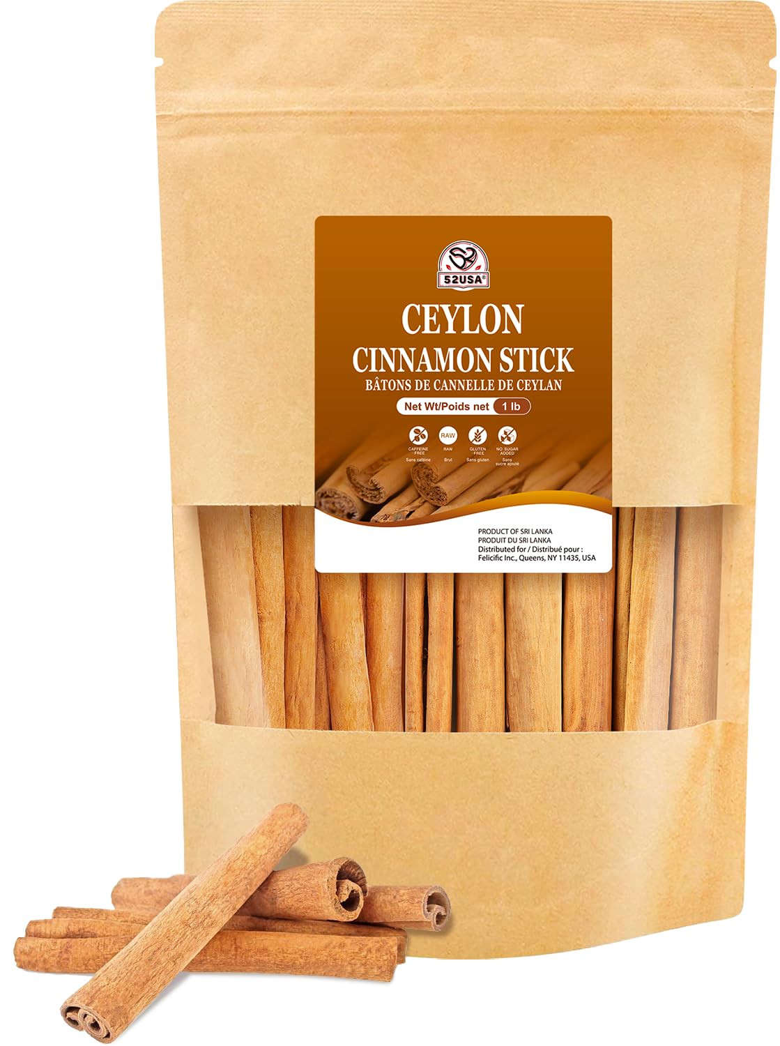 52USA Ceylon Cinnamon Sticks pack front shows authentic Sri Lankan origin for baking.