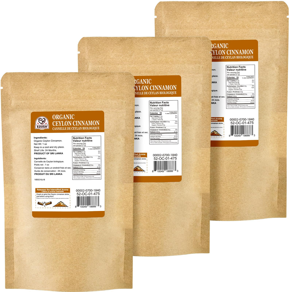 52USA Ceylon cinnamon sticks packaging and organic label