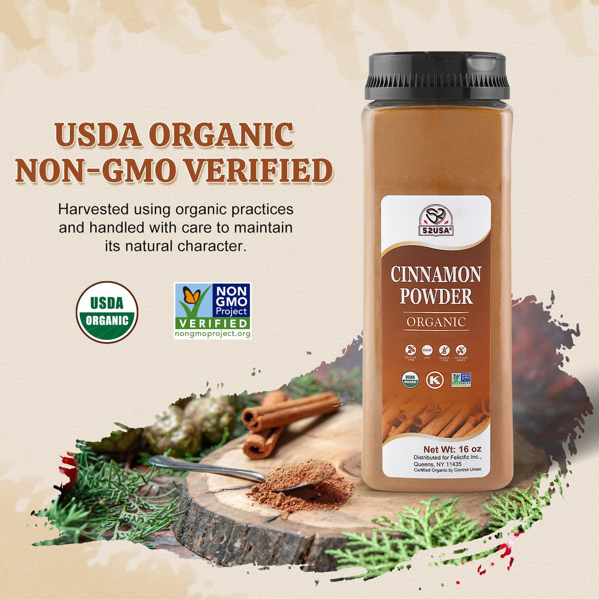 52USA Cinnamon Powder bottle-packaging shows resealable cap for freshness.