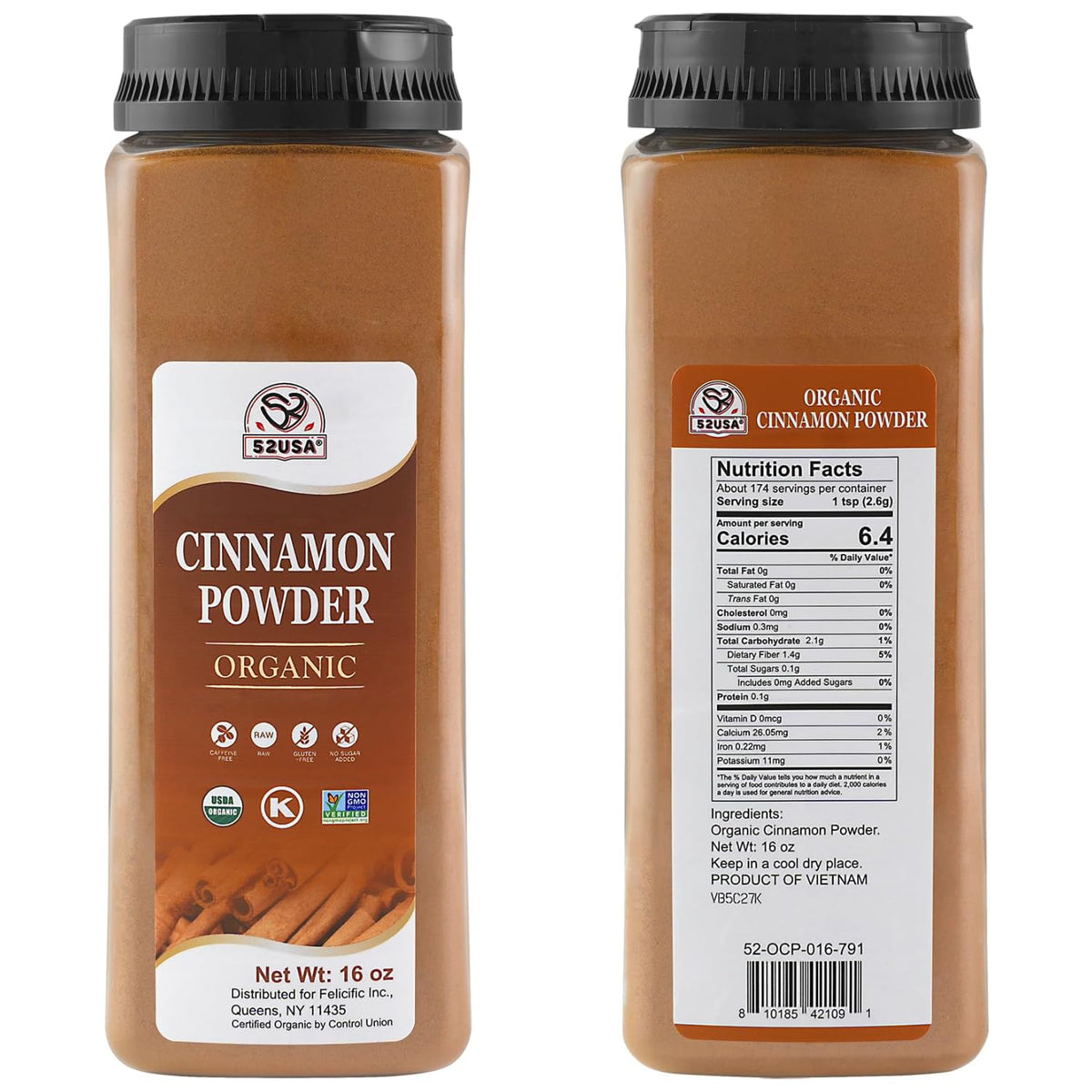 52USA Organic Cinnamon Powder jar-closeup highlights texture and rich aroma.