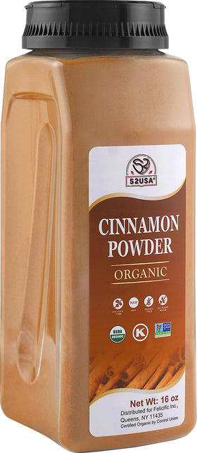 52USA Organic Cinnamon Powder jar-front displays pure ground cinnamon for premium baking.