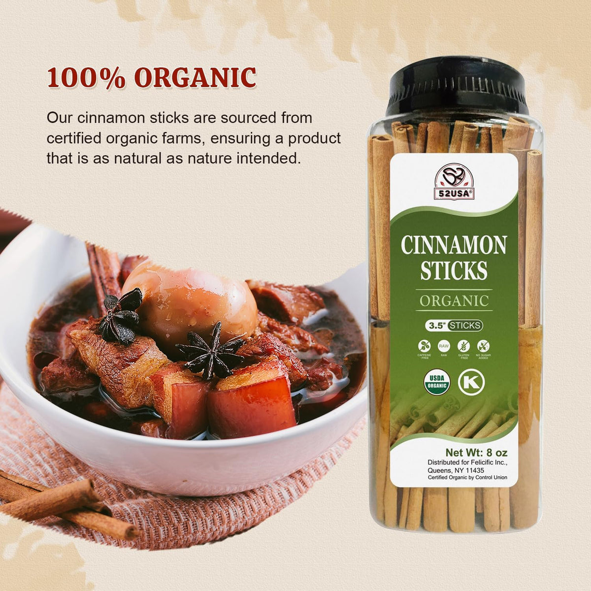 52USA aromatic sticks for baking and beverages, delivering warm spice and natural sweetness.