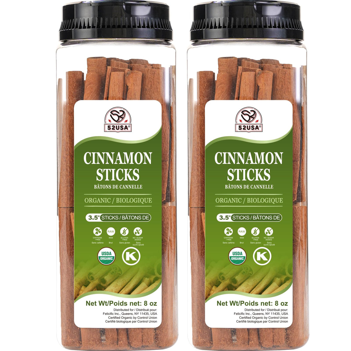 52USA organic cinnamon sticks two-pack, premium pantry staple for baking and flavorful beverages.
