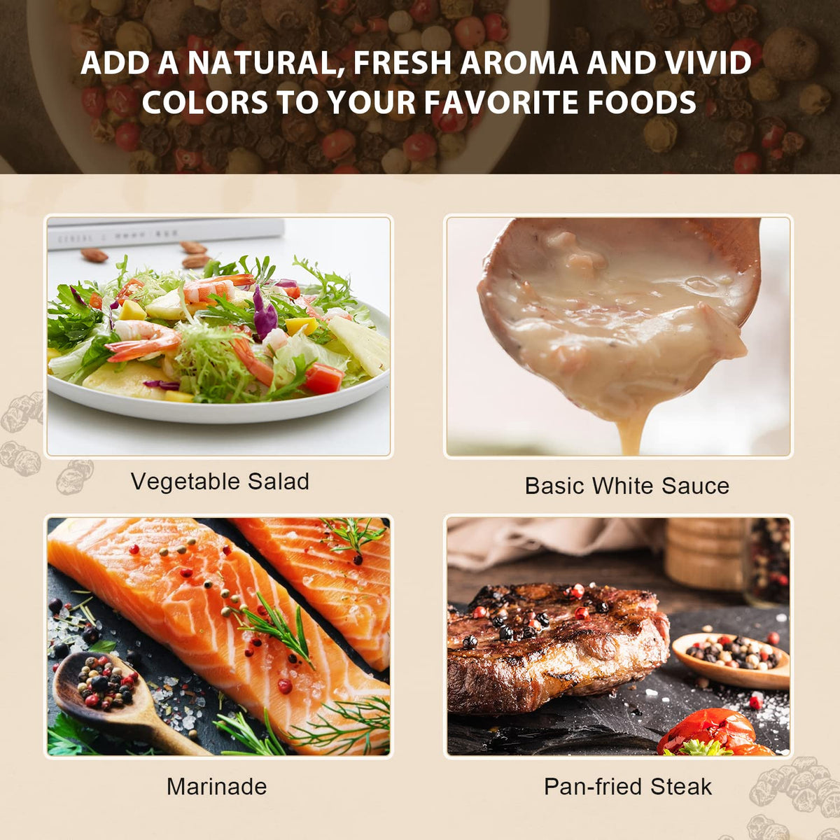 52USA colored peppercorns brighten plates with vibrant flair.