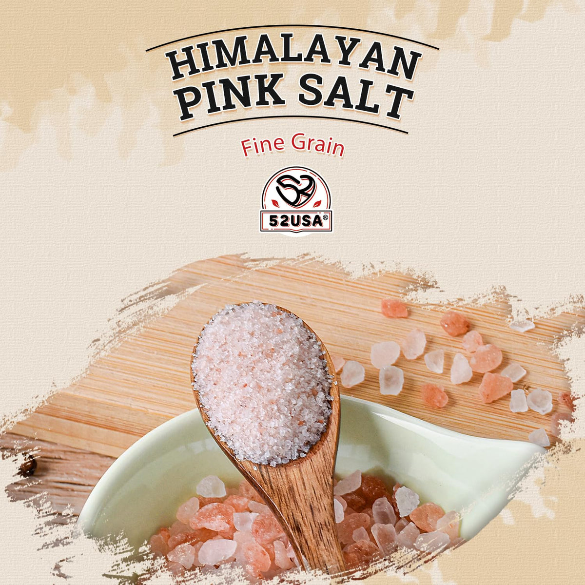 Close-up of 52USA Himalayan Pink Salt crystals highlighting mineral-rich texture for gourmet finishing.