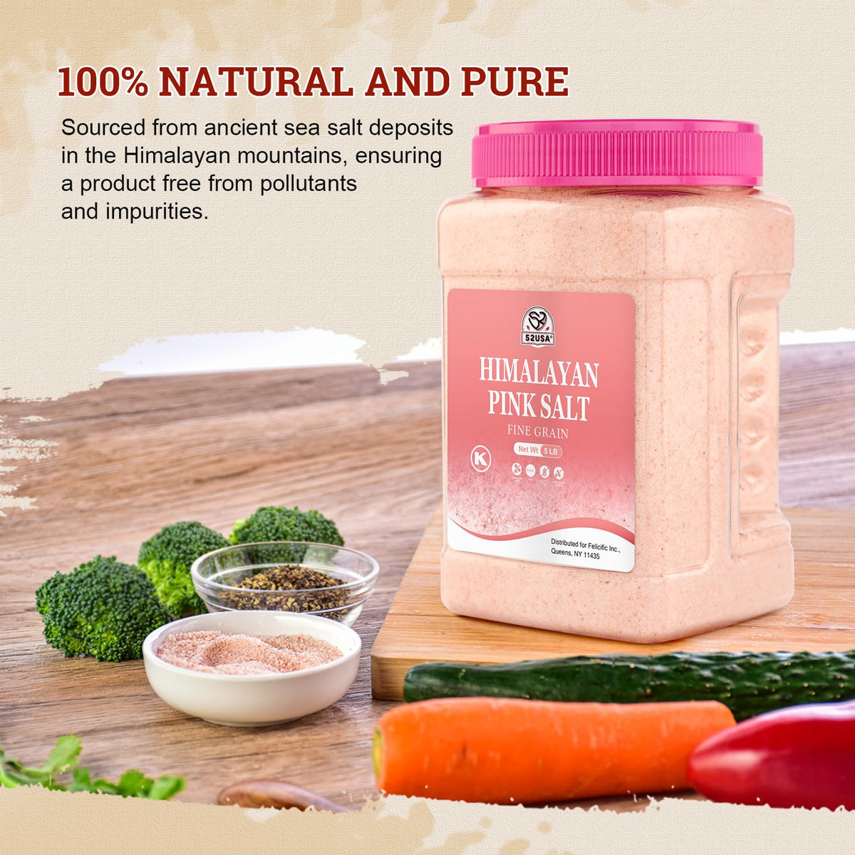 52USA Himalayan Pink Salt measured in a spoon showing precise fine grains for controlled seasoning.