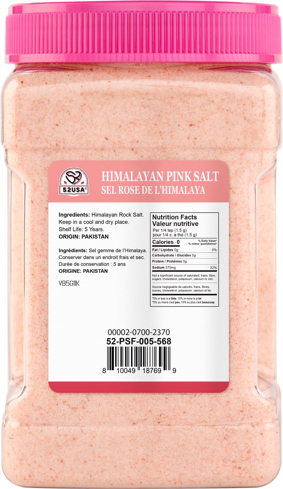 52USA Himalayan Pink Salt on kitchen shelf showcasing a natural, mineral-rich pantry staple.
