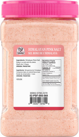 52USA Himalayan Pink Salt on kitchen shelf showcasing a natural, mineral-rich pantry staple.