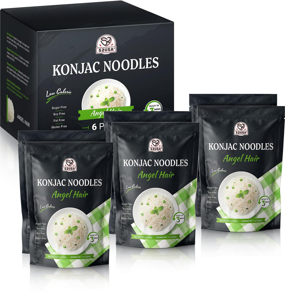 52USA Konjac Noodles Angel Hair pack showing six-pack convenience and brand label, ideal for easy meals