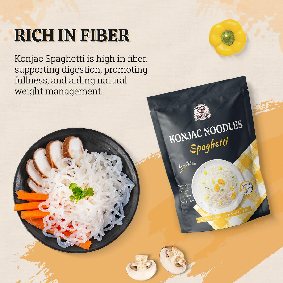 52USA Konjac noodles in original packaging, six-pack for easy storage.