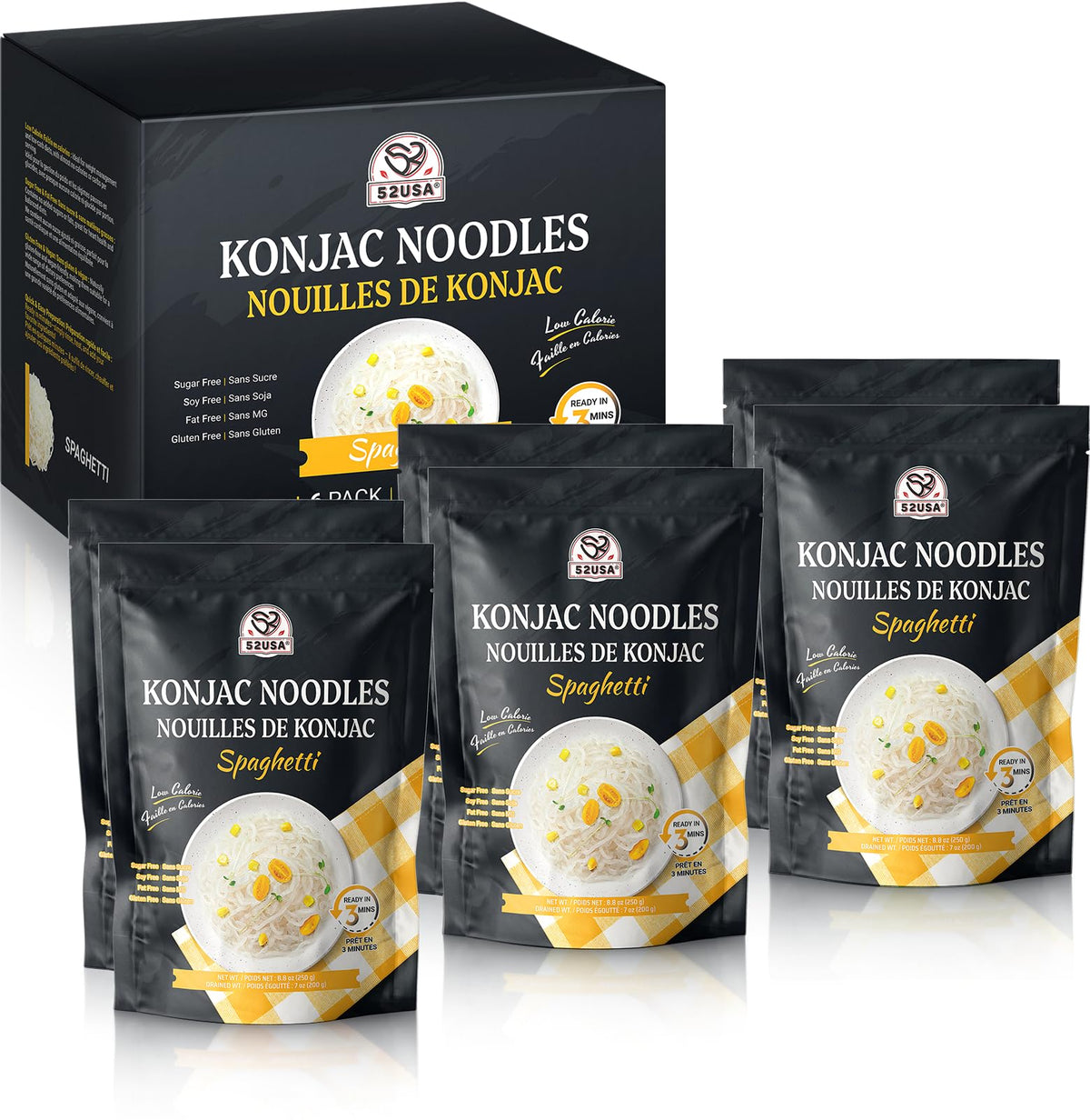 52USA Konjac Shirataki Noodles spaghetti pack, ready-to-eat, low-calorie base for light meals.