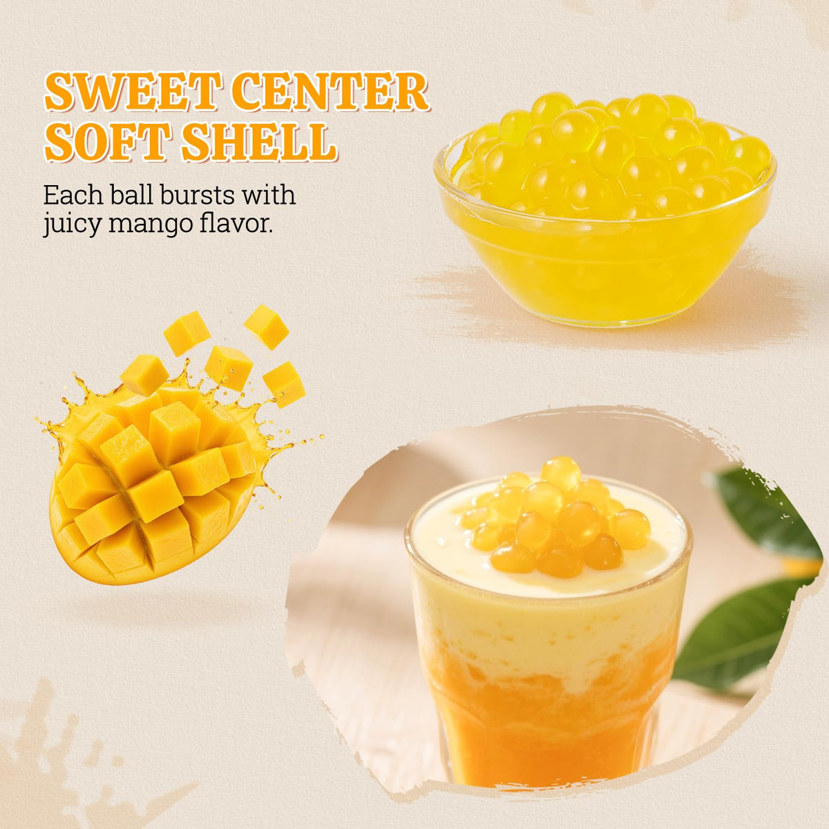 52USA Mango popping boba dessert topping on ice cream and yogurt.