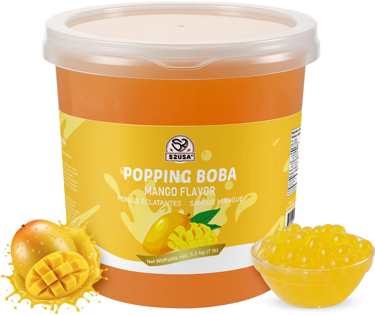 52USA Mango Popping Boba Pearls jar showcases bursting mango flavor for drinks and desserts.