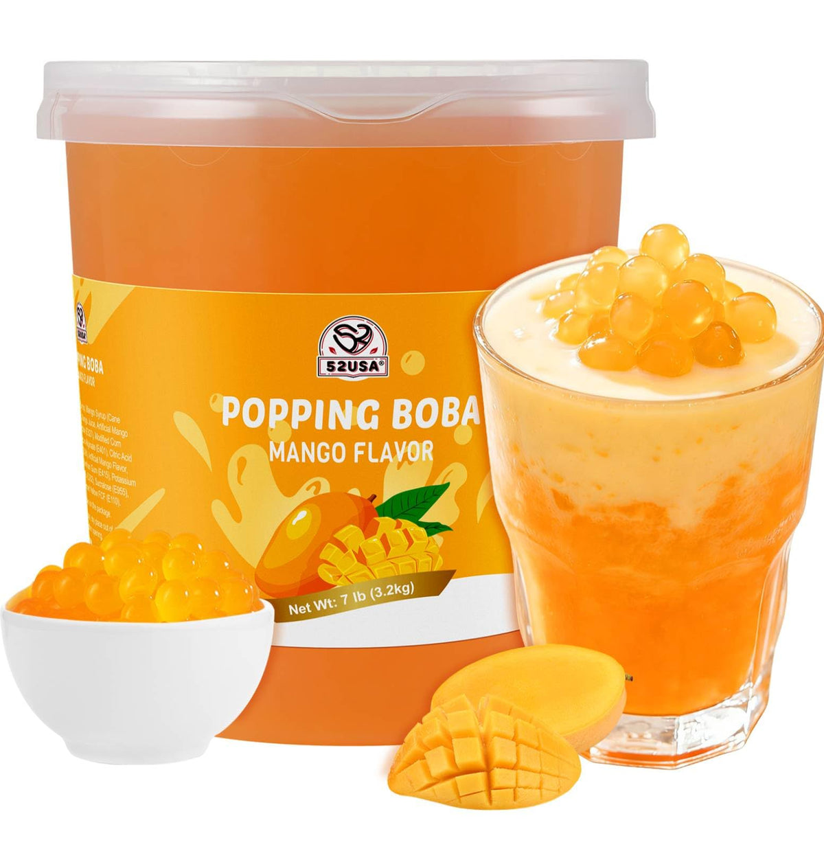 52USA Mango Popping Boba Pearls in a large tub, ideal for party drinks and dessert toppings.