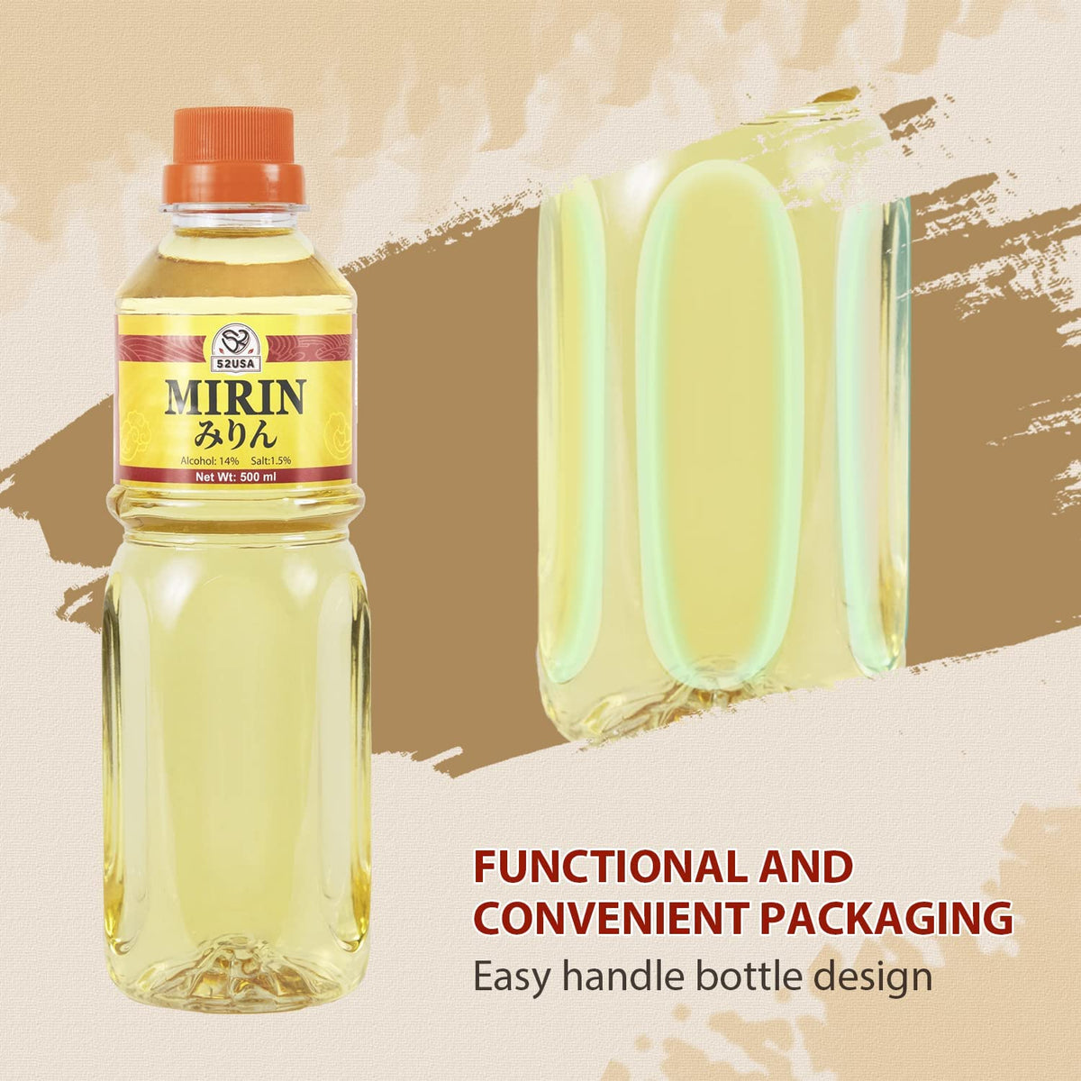 52USA Mirin bottle-on-counter shows versatile kitchen staple for sushi rice prep.