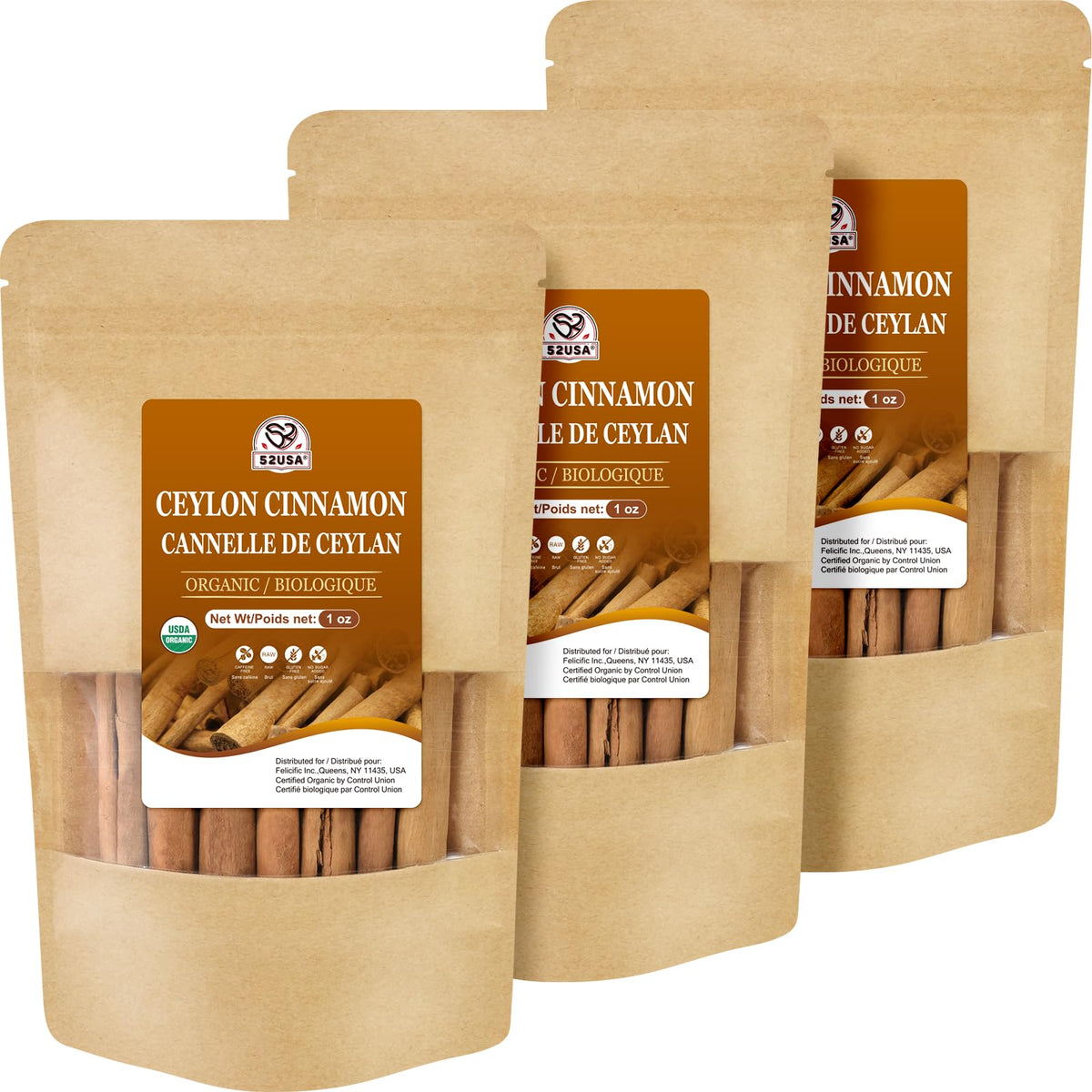 52USA Organic Ceylon Cinnamon Sticks in a 1oz pack trio ready for use