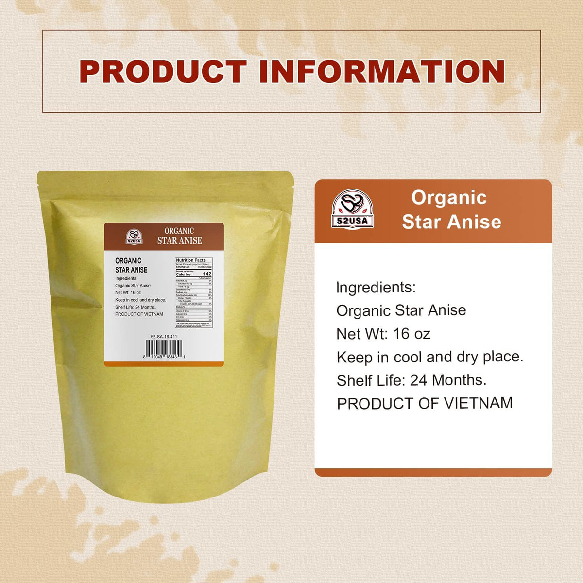 52USA Organic Star Anise dried pods, perfect for grinding or whole use