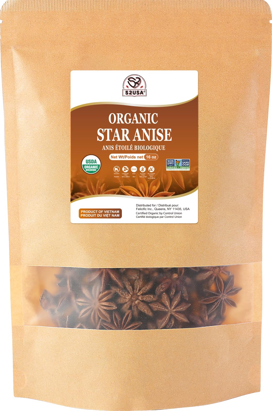 52USA Organic Star Anise whole pods in a 16 oz pack for tea and baking