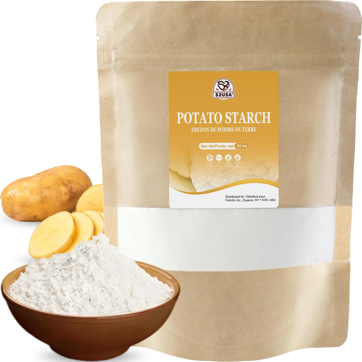 52USA Potato Starch bottle close-up—gluten-free thickening for sauces.