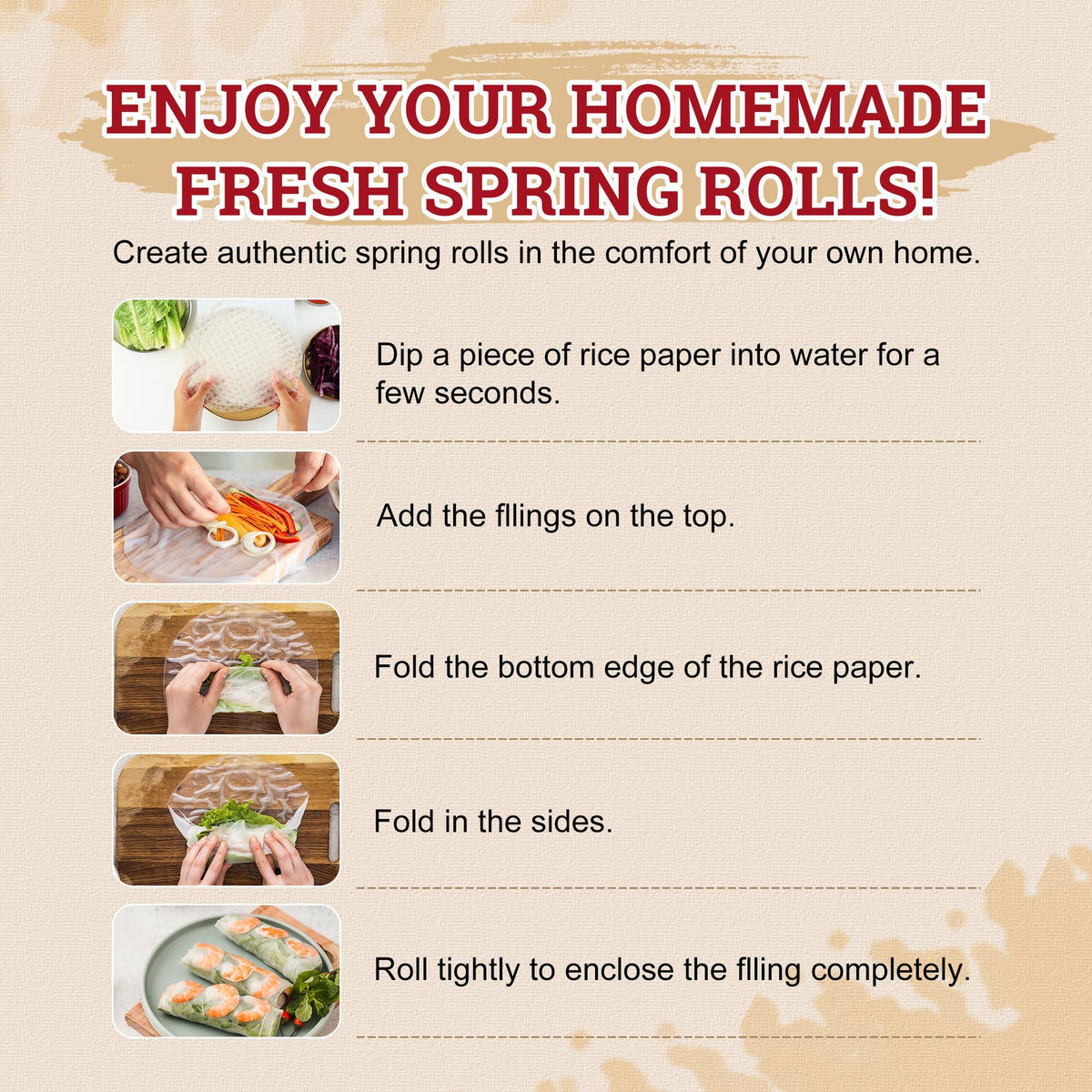 52USA rolling spring rolls with rice paper wrapper for restaurant-style results.