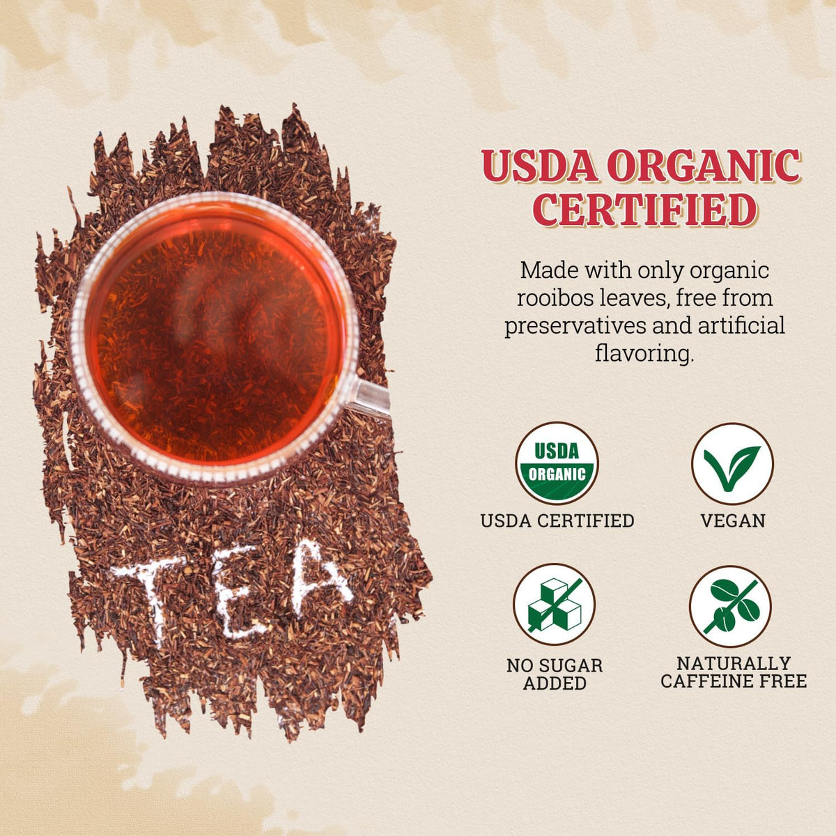 52USA Rooibos tea dry leaves close-up, earthy aroma with vanilla caramel hints.