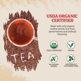 52USA Rooibos tea dry leaves close-up, earthy aroma with vanilla caramel hints.